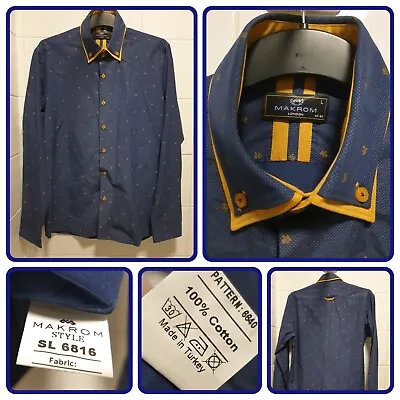 Makrom Shirt Mens Large Blue Gold Floral Long Sleeve Slim Button Up Collared UK • £19.99