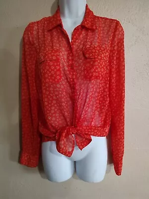 Orange Button Down Polka Dot Blouse Sheer L/S Pockets Maurices Size Small CUTE! • $10