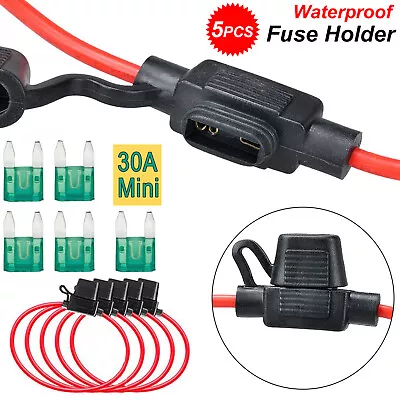 Car Inline Automotive Mini Blade Fuse Holder & 5 Fuses 12V 30A 12AWG Gauge Wire • $9.78