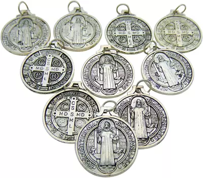 Set Of 10 St Benedict Medals 7/8 Inch Metal Saint Pendant Bulk Lot • $8.93