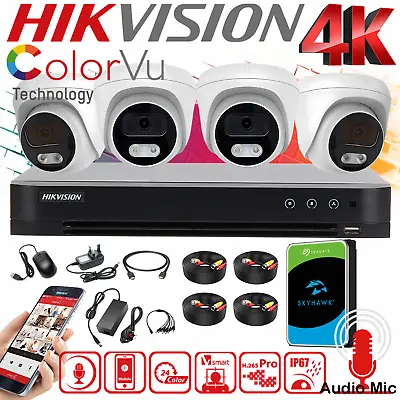 HIKVISION 4K CCTV Security 8MP Camera System ColorVu Audio Mic Outdoor 4CH DVR • £399