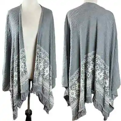 Mossimo Supply Open Cardigan Sweater Poncho Wrap Gray Tribal Woman L/XL Fringe • $25.10