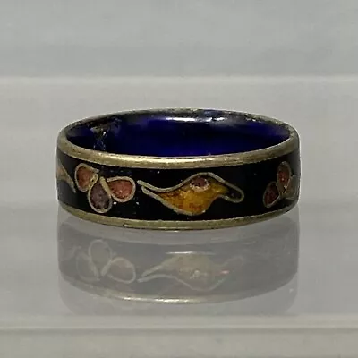 Cloisonne Ring Black Enamel Base Birds Flower Ethnic Vintage Chinese Export 6.5 • $17