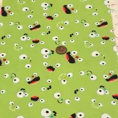 Halloween* Googly Eyes* On Lime Green * Camelot * 100% Cotton Remnant* 22  X 8  • $1.75
