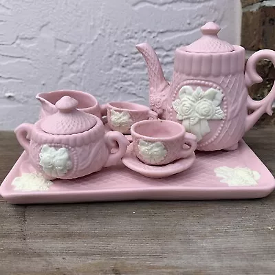 Vintage Cracker Barrel Pink Bisque Rose Mini Tea Full Set • $22.89