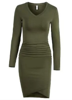 NEW Liooil Women's Sweetheart Neckline Ruched Midi Bodycon Army Green Size XS • $22.95