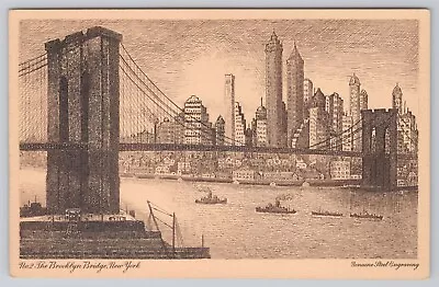 Postcard Brooklyn Bridge New York Sheff's Genuine Steel Engraved • $6.95