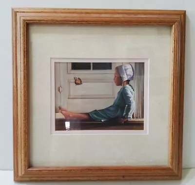 Happiness Is Like A Butterfly Print Matted & Framed Amish Girl Window N.A Noel • $175