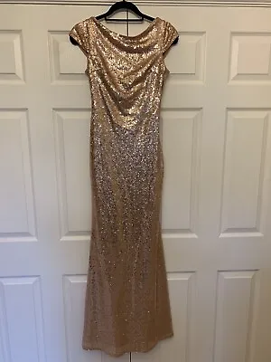 £15 • Buy Goddiva London Long Maxi Rose Gold Sequin Dress Draped Scoop Back UK 10
