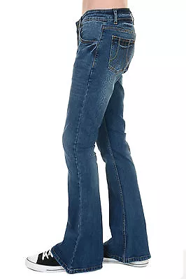 Mens Run & Fly 70s Retro Distress Vintage Stretch Denim Bell Bottom Flares • $43.15