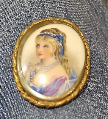 Antique Limoges France Hand Painted Porcelain Portrait Brooch Lady Cameo • £30