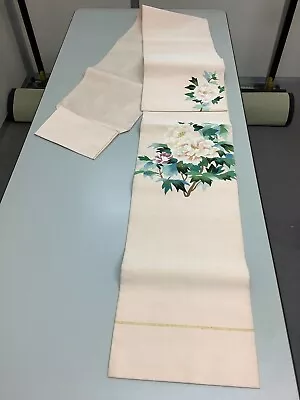 Japanese Vintage Kimono Nagoya Obi Cotton White Flower Tradition 142.9x11.8inch • $49.90