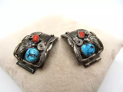 Vintage Beautiful Navajo Sterling Silver Turquoise Coral Watch Tips Marked  A  • $149.99