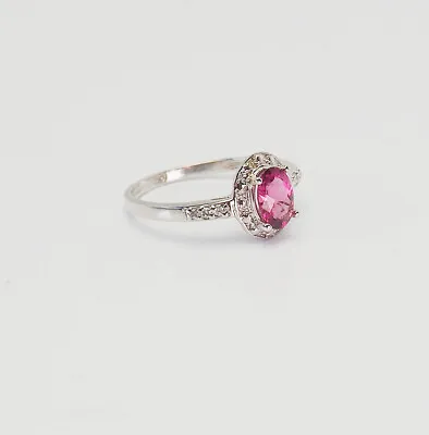 Elegant 10k White Gold Oval Ruby And Diamonds Vintage Bridal Ring In Size 6.5 • $125