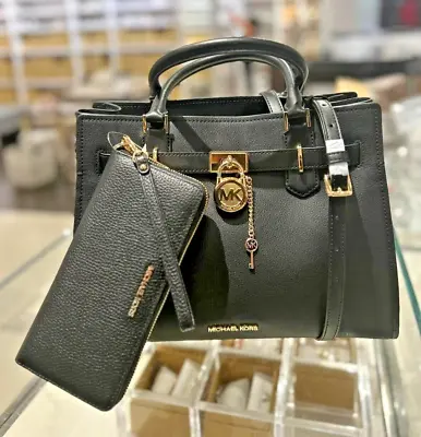 Michael Kors Hamilton Medium Leather Satchel Bag Handbag + Wristlet Wallet Black • $215