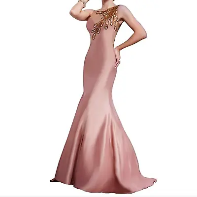 MNM Couture 6718 Jeweled Feathers Illusion Mermaid Gown - Champagne - Sz 4 $700 • $120