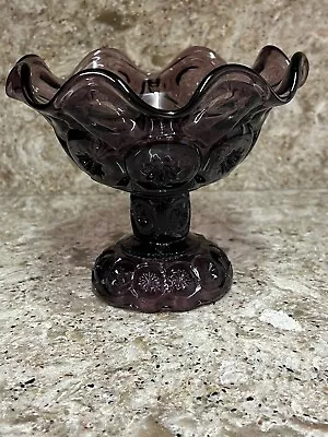 Vintage L E Smith Moon & Stars Purple Amethyst Compote Candy Dish Ruffled Edge • $60