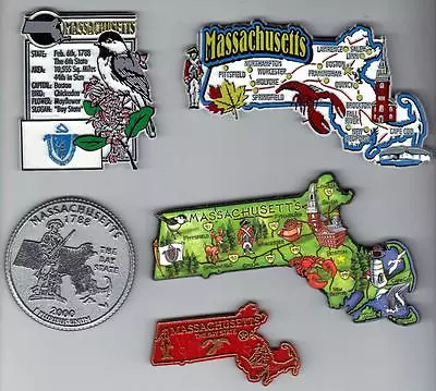 MASSACHUSETTS MAGNET ASSORTMENT 5 NEW  STATE SOUVENIRS Including  ARTWOOD MAP    • $17.95