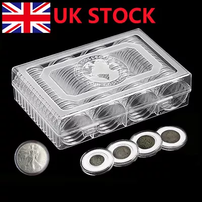 60 Pcs 41mm Round Clear Coin Capsules Holder Container Case With Storage Box UK • £9.99