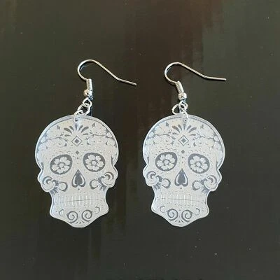 New Silver Acrylic Laser Cut Skull Hook Dangle Statement Earrings • $7.46