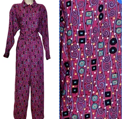 Vintage Diane Von Furstenberg Purple Retro Long Sleeve Jumpsuit Size M Disco Y2K • £110.46