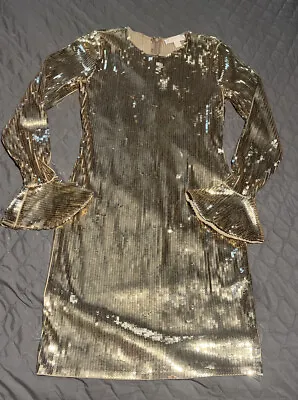 Michael Kors Gold Sequin Dress Sheath Long Sleeve Fluted Cuffs Women’s Small 4-6 • $61.99