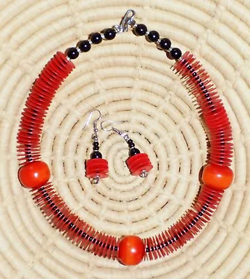 African Resin & Heishi Choker & Earrings Set Jnha5 • $15.97