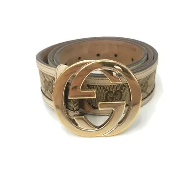Authentic GUCCI Beige GG Canvas And Leather Interlocking G Buckle Belt 85/34 • $151.75