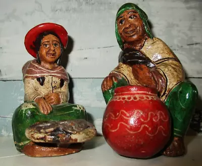 Pair Of Vintage Hand Made Mexican Women Men Clay Figurine Size 4  Tall • $9.99