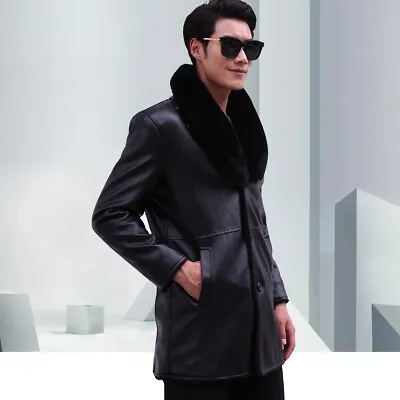 Men Business PU Leather Jacket Winter Fleeced Warm Overcoat Faux Fur Collar Coat • £49.70