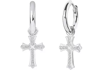 Men & Women 18K White Gold Plated CZ Cross Leverback Huggie Hoop Drop Earrings • $9.99