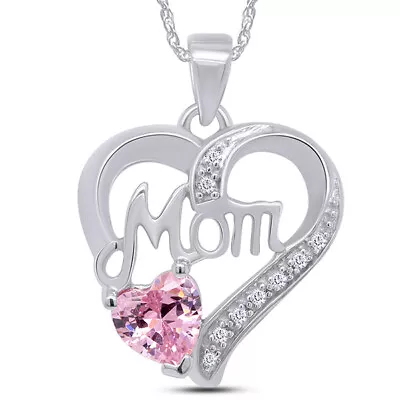 Mom Heart Pendant Necklace Simulated Pink Sapphire & CZ 14K White Gold Plated • $55.19