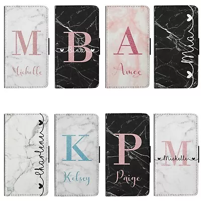 Personalised Name Initials Marble Flip Wallet Faux Leather Phone Case Cover • £9.99