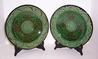 Moroccan 2 Green Bowls (10.5”) Majolica Intricate Arabic Designs Hand Crafted • $50