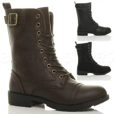 Womens Ladies Low Heel Lace Up Zip Biker Army Military Combat Ankle Boots Size • £22.99