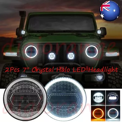 2Pcs 7  Crystal Halo LED Headlight With Amber Turn Light DRL Fr Jeep Wrangler JK • $101.09