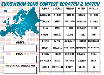 £4.99 • Buy Guess The EUROVISION SONG CONTEST Scratchcard European Flag Name Game Party Name