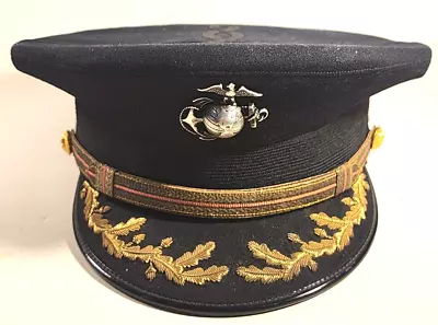 U.S.M.C. MARINE CORPS WWII DRESS BLUE OFFICER HAT With STERLING SILVER EGA NAMED • $399.95