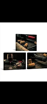 Sechars 3 Pieces Kitchen Wall Art Decor Retro Red Wine Cups Bottles Canvas... • $20