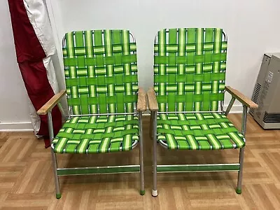 Vintage Aluminum LAWN CHAIR PAIR Folding Porch Pool Beach Patio Set Green Mcm 2 • $89.99