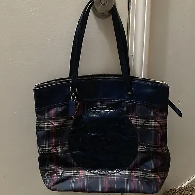 Coach Plaid Large Tote Bag Blue Plaid Preowned • $19.99