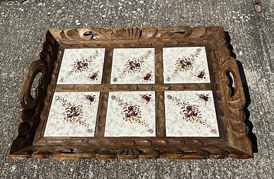 Vintage Mexican Carved Wood 6 Hand Painted Tiles Serving Tray With Handles • $26.47