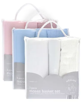 £13.45 • Buy Newborn Baby Boy Girl 3 Piece Moses Basket Bedding Set -Fitted Sheet 2x Blankets