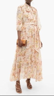 $250 • Buy ZIMMERMANN Espionage Floral-print Pussy-bow Silk Dress Size 0