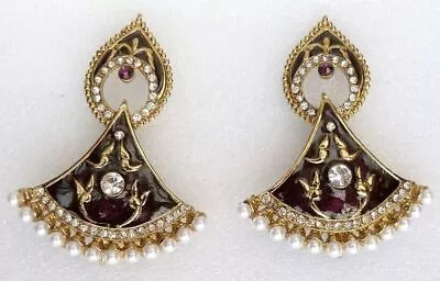 Ethnic Indian Traditional Gold Dark Purple Pearl Enamel Wedding Jewelry Earrings • $12.68