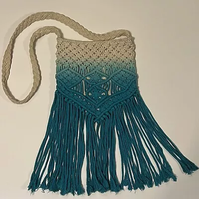 MOSSIMO Ivory And Blue BOHO MACRAME Purse/Bag FRINGE • $10