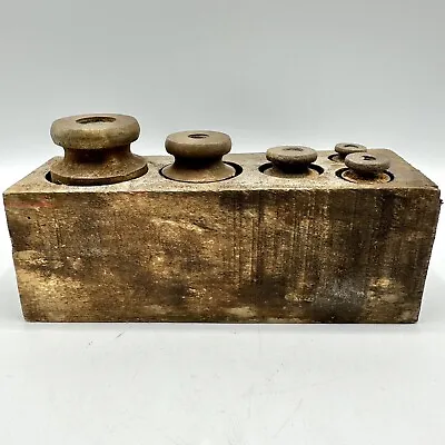 Antique Set Of 5 Graduated Weights In Wood Block 1KG - 50g Rustic /cb • $65