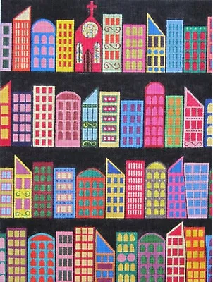 AROUND THE WAY BUILDINGS Handpainted Needlepoint Canvas  By Maggie • $185