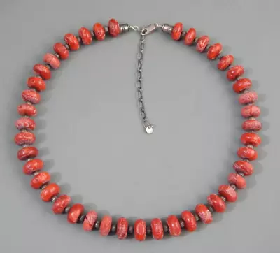 Vintage Natural Red Sponge Coral & Sterling Silver Bead Necklace Signed O.I. • $19