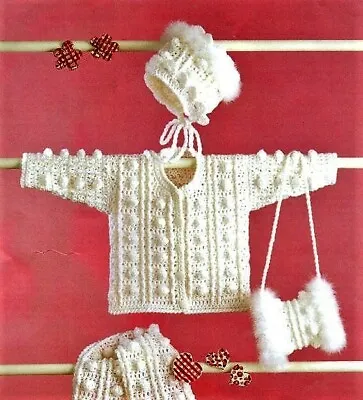 Baby Girls Bonnet Jacket Cardigan Hand Muff Scarf CROCHET PATTERN Aran 18 - 22  • £2.15